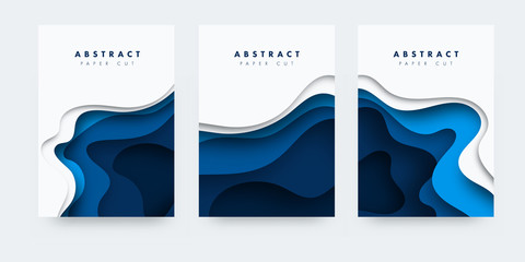 Poster - 3D abstract blue background with paper cut shapes. .Layered tunnel wave background. Shadows box. Vector design for business presentations, flyers, posters,