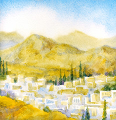 Watercolor landscape. Old city in a valley between the mountains