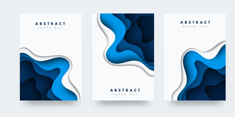 Poster - Vertical A4 blue banners with 3D abstract background with blue paper cut waves. Contrast colors. Vector design layout for presentations, flyers, posters