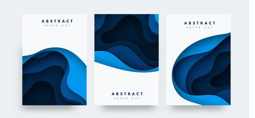 Aufkleber - Paper cut design blue concept for flyers, presentations and posters. Vector abstract carving art. White and blue 3D layered vertical banners. Vector illustartion