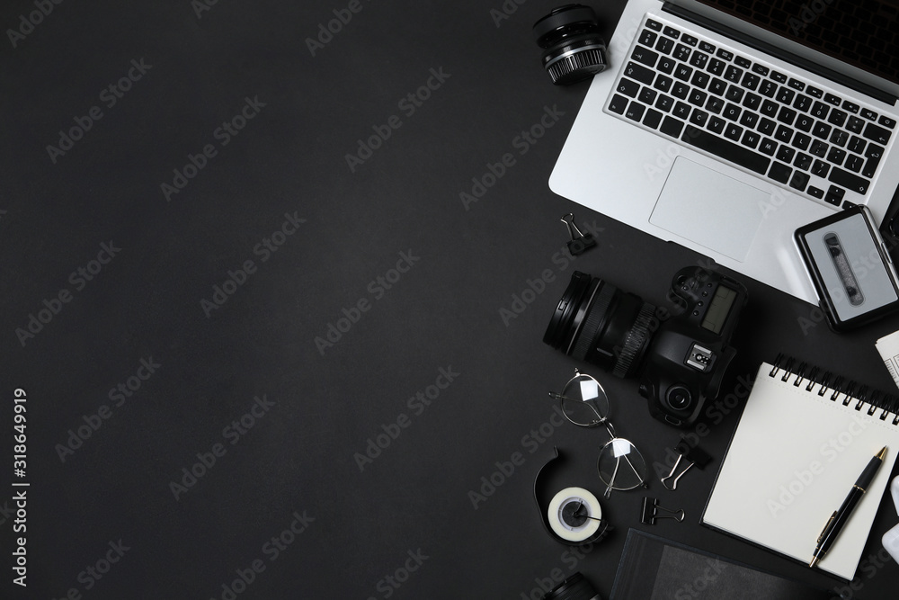 Flat lay composition with equipment for journalist on black background. Space for text - obrazy, fototapety, plakaty 