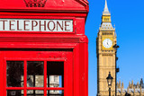 Fototapeta  - Iconic red telephone box with Big Ben in the background