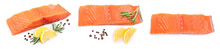 Fillet Of Red Fish Salmon With Lemon And Rosemary Isolated On White Background. Top View. Flat Lay. Set Or Collection