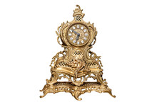 A Large, Standing Clock Made Of Brass With Ornaments, Isolated On A White Background With A Clipping Path.