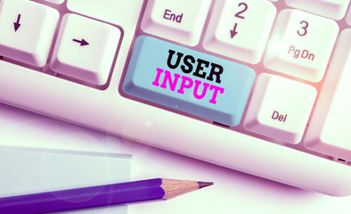 Poster - Word writing text User Input. Business photo showcasing Any information or data that is sent to a computer for processing White pc keyboard with empty note paper above white background key copy space