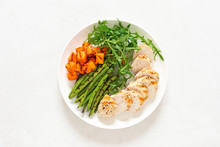 Grilled Chicken Breast, Fillet With Butternut Squash Or Pumpkin, Green Beans And Fresh Arugula Salad, Healthy Food, Top View