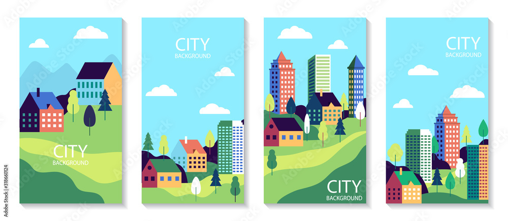 Town landscape set poster. Urban industry cards. Simple flat city with buildings, street. Set of banner with nature countryside. Cityscape backgrounds for social media. vector illustration - obrazy, fototapety, plakaty 