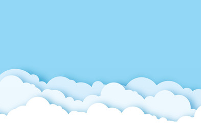 Poster - Paper cut art of cloud template on blue sky paper cut style, card illustration. vector background. For text or design