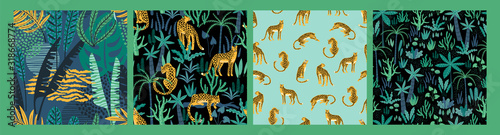 Fotografía Vector seamless pattern with leopards and tropical leaves.