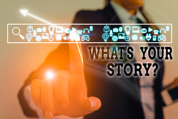 Poster - Writing note showing What S Your Story Question. Business concept for asking demonstrating about his past life actions events