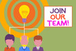 © Zofia - Conceptual hand writing showing Join Our Team. Concept meaning inviting someone into your local group or company Three executive persons sharing idea Startup team meeting