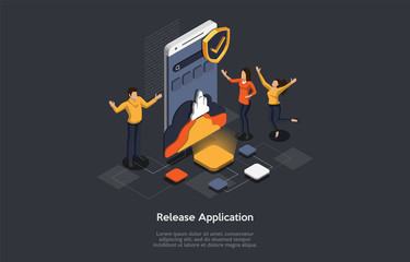 Poster - isometric concept of research and develop of mobile application. people are making the mobile applic
