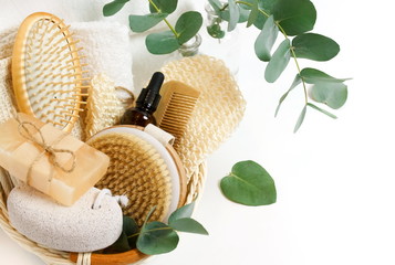 basket with spa and bath products zero waste with copy space on white background. Beauty skincare concept. 