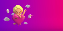 3D-illustration Cupid With Heart Shape Balloon And Doves