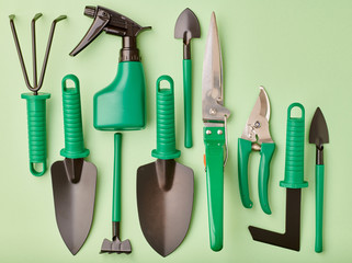 Wall Mural - Gardening tools on green background flat lay