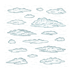 Sketch set of hand drawn graphic blue clouds isolated on white background. Design elements. Vector illustration