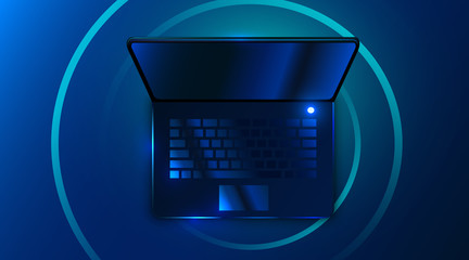 Modern futuristic laptop on dark blue background. Technology concept.