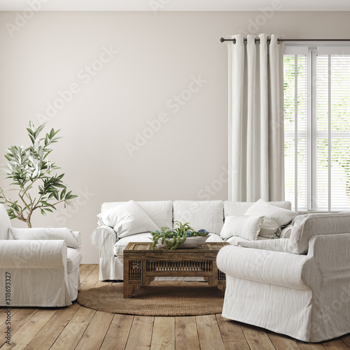 Fotomural Scandinavian farmhouse living room interior, wall mockup, 3d render