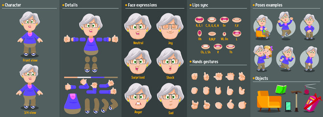 Cartoon grandmother, old lady constructor for animation. Parts of body: legs, arms, face emotions, hands gestures, lips sync. Full length, front, three quater view. Set of ready to use poses, objects.