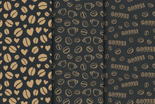 Vector Set Of Black Pattern With Bronze Coffee Beans And Hearts.	