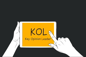 Key Opinion Leader- frase. female hands hold on the tablet, finger points. eps10 vector stock illustration of business acronym term KOL