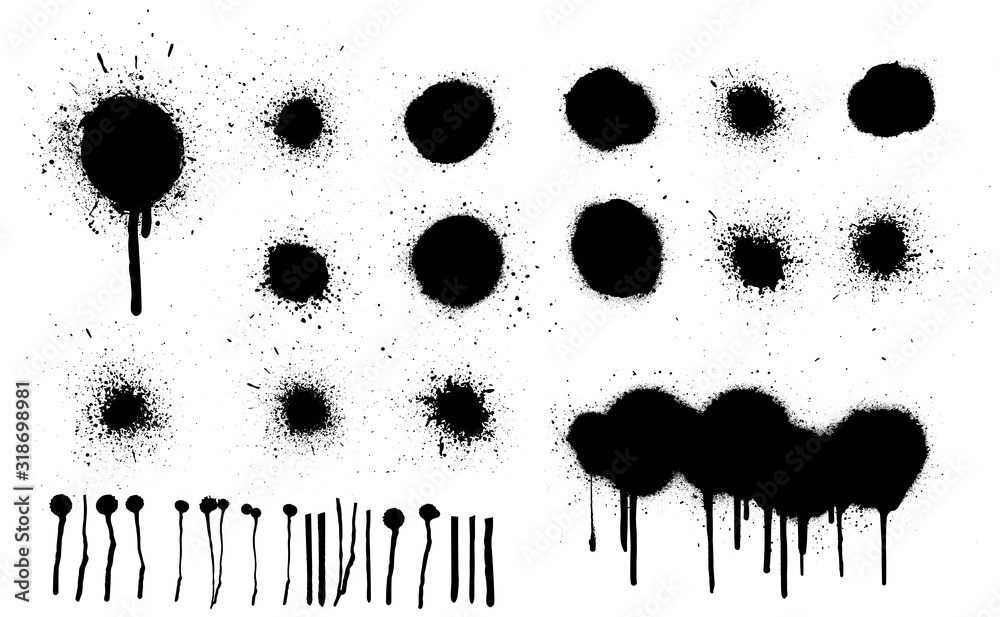 Spray painted texture. Graffiti stencil template, Black grunge splatter, spray effect and spray paints. Street art texture, paint silhouettes, vandalism grunge elements, circles and dots. Vector  - obrazy, fototapety, plakaty 