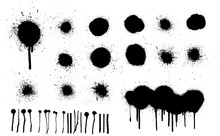Spray Painted Texture. Graffiti Stencil Template, Black Grunge Splatter, Spray Effect And Spray Paints. Street Art Texture, Paint Silhouettes, Vandalism Grunge Elements, Circles And Dots. Vector 