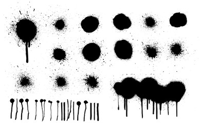 Fototapete - Spray painted texture. Graffiti stencil template, Black grunge splatter, spray effect and spray paints. Street art texture, paint silhouettes, vandalism grunge elements, circles and dots. Vector 