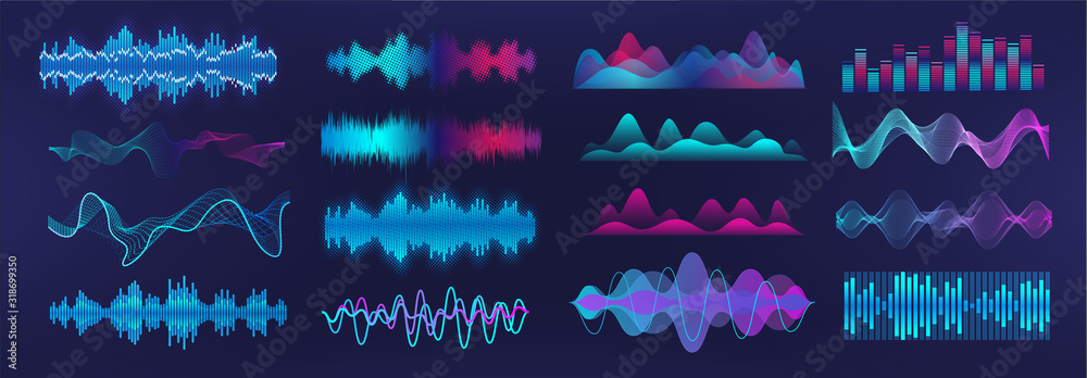 Sound waves equalizer. Frequency audio waveform, music wave, voice graph signal in futuristic style HUD. Microphone voice control set and sound recognition. Audio waves vector set - obrazy, fototapety, plakaty 