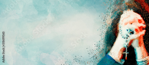 Cuadros en Lienzo Prayer on the rosary. Christian banner. Watercolor