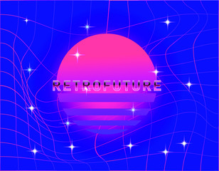Aufkleber - Retrofuturistic landscape with laser grid and neon sun. Vaporwave and retrowave style background.