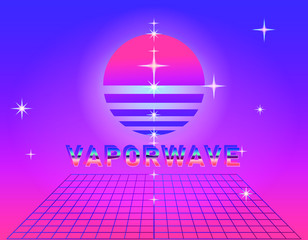 Poster - Retrofuturistic landscape with laser grid and neon sun. Vaporwave and retrowave style background.
