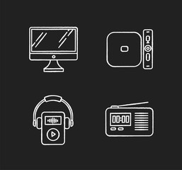 Sticker - Mobile devices chalk white icons set on black background. Electronic gadgets. Desktop computer, MP3 player. Radio set, media player. Compact digital tools. Isolated vector chalkboard illustrations