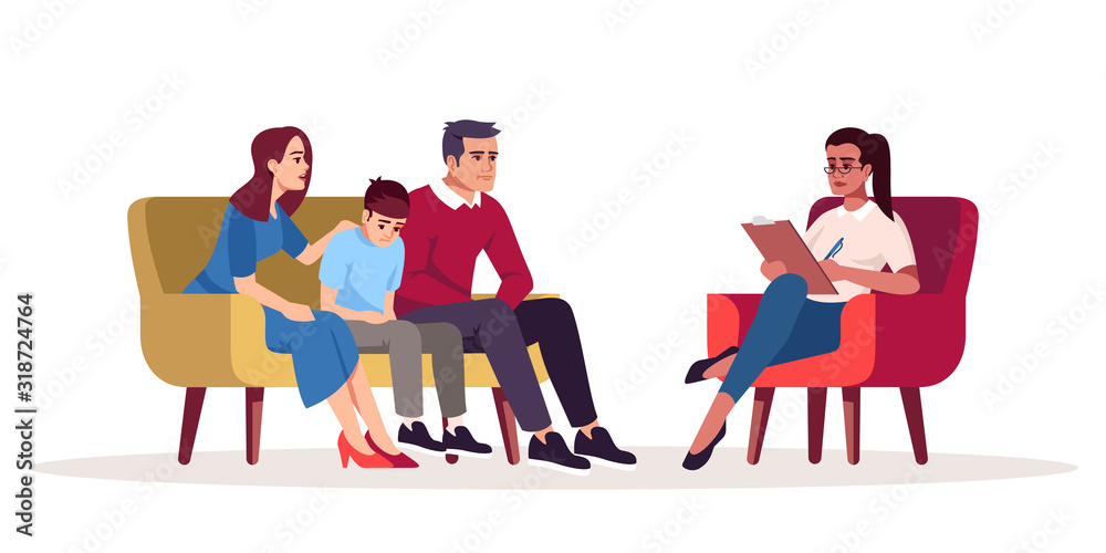 Family therapy session semi flat RGB color vector illustration. Parenting difficulties. Appointment with psychologists. Psychotherapy. Psychology consultation. Isolated cartoon character on white - obrazy, fototapety, plakaty 