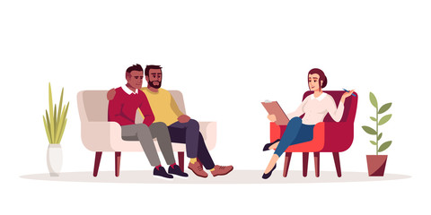 Group therapy session semi flat RGB color vector illustration. Sibling relationship issues. Same-sex marriage problems. Psychology consultation. Isolated cartoon character on white background