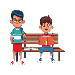 cartoon boys with books at park bench, colorful design