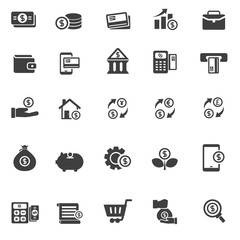 Canvas Print - Set of money and banking related icons in glyph style isolated on white background 