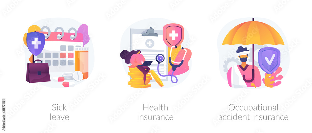 Workplace guarantees and perks. Financing employees diseases treatment. Sick leave, health insurance, occupational accident insurance metaphors. Vector isolated concept metaphor illustrations - obrazy, fototapety, plakaty 