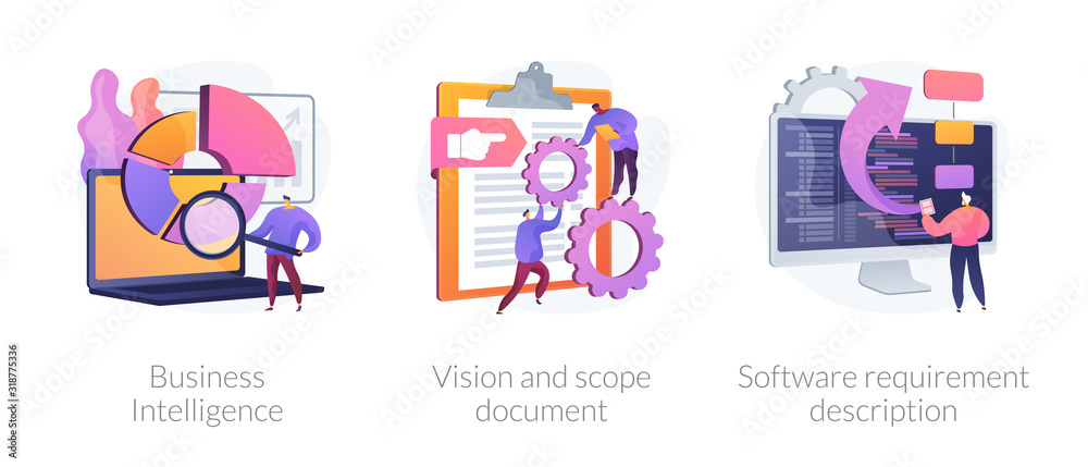 Company activity stats automation. Paperwork optimization. Business intelligence, vision and scope document, software requirement description metaphors. Vector isolated concept metaphor illustrations - obrazy, fototapety, plakaty 