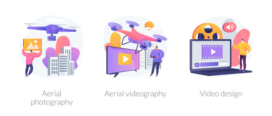 Sticker - Using drones in video footage creation. Trendy UAV devices for birds view photographs. Aerial photography, aerial videography, video design metaphors. Vector isolated concept metaphor illustrations.