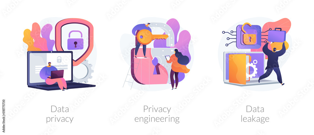 Database security software development. ID theft, hacking crime, computer malware. Data protection, information privacy, data stealing metaphors. Vector isolated concept metaphor illustrations - obrazy, fototapety, plakaty 