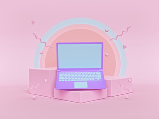 Poster - Abstract geometric shapes background with a laptop. Fashion and trendy mockup. pink color. minimal style. 3d rendering