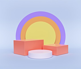 Poster - colorful primitive Geometric shapes background with empty podium for social media banners, promotion, website. Abstract objects, modern trendy design. 3d rendering