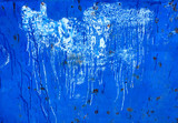 Fototapeta  - Abstract background of peeling white paint on a blue wall, rust on a cold wall