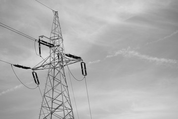 Wall Mural - High voltage electric pole with wires. Line of electricity transmissions. Black and white photo