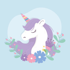 Poster - unicorn rainbow horn and flowers fantasy magic dream cute cartoon