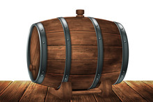 Wooden Barrel For Wine Or Other Drinks, Studded With Iron Rings On A White Background. 3D Vector. High Detailed Realistic Illustration.