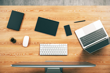 Poster - Top view of wooden desk with computer, laptop and other working accessories. Workplace concept. 3D Rendering