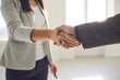 Handshake of businesspeople. Female and male hand makes a handshake in the office.