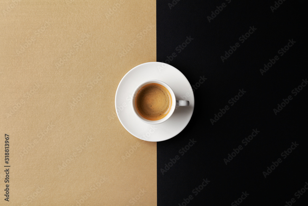 Cup of coffee on gold black background. Minimalistic flat lay. Top view. - obrazy, fototapety, plakaty 
